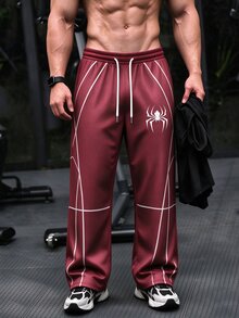 GymBeat Men Honeycomb Texture Straight Gym Pants, Spider Graphic & Line Print Drawstring Loose Sports Trousers For Running Workout - Multicolor - View 5
