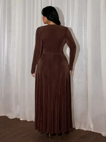 Rustia Plus Draped Collar Glitter Dress Fall - Coffee Brown - View 2