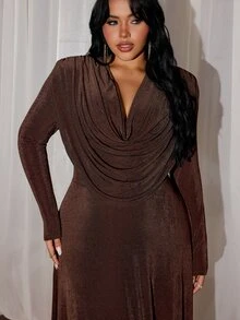 Rustia Plus Draped Collar Glitter Dress Fall - Coffee Brown - View 6