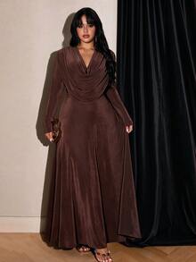 Rustia Plus Draped Collar Glitter Dress Fall - Coffee Brown - View 7