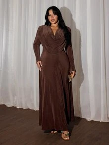 Rustia Plus Draped Collar Glitter Dress Fall - Coffee Brown - View 5
