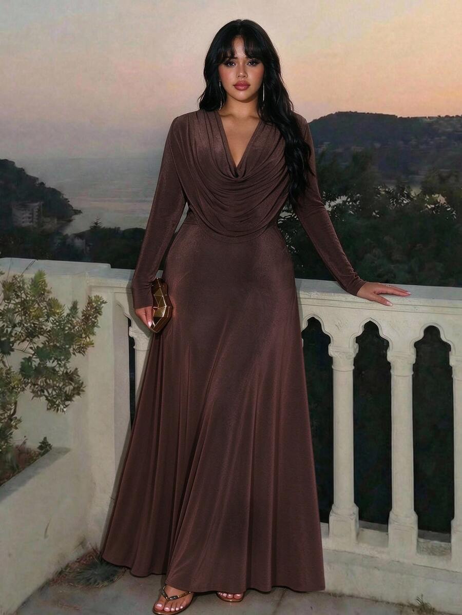 Rustia Plus Draped Collar Glitter Dress Fall - Coffee Brown - View 1