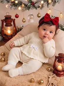SHEIN Baby Girls' Soft Yellow Knitted Jumpsuit,Autumn Cute Bow & Ruffle Trim Soft Comfortable Romper For Matching Family,Daily Outings Travel Fall Winter - Beige - View 3