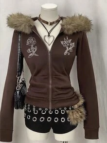 DAZY Brown High Neck Zip-Up Embroidered Pattern Fleece Trim Slim Fit Long Sleeve Street Casual Sweatshirt Jacket Hoodies - Brown - View 3