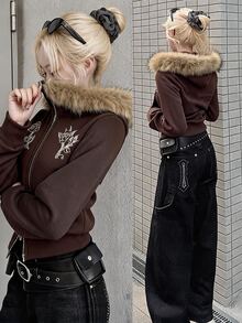 DAZY Brown High Neck Zip-Up Embroidered Pattern Fleece Trim Slim Fit Long Sleeve Street Casual Sweatshirt Jacket Hoodies - Brown - View 1