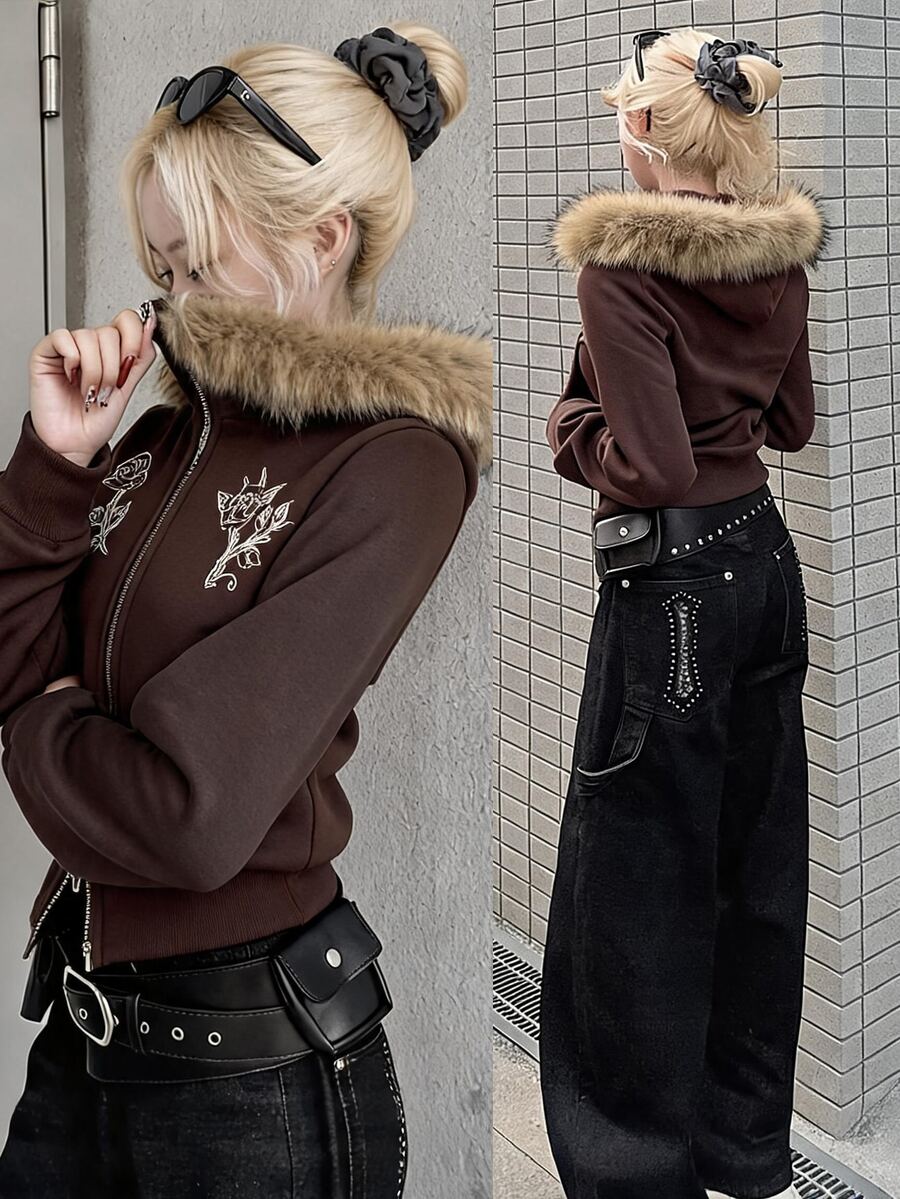 DAZY Brown High Neck Zip-Up Embroidered Pattern Fleece Trim Slim Fit Long Sleeve Street Casual Sweatshirt Jacket Hoodies - Brown - View 1