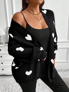 Vionelle Plus Size Long Sleeve Cardigan With Heart Pattern, Minimalist Style, Casual Everyday Wear, For Winter Fall Cloth For Women Autumn - Black and White - View 5