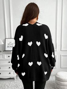 Vionelle Plus Size Long Sleeve Cardigan With Heart Pattern, Minimalist Style, Casual Everyday Wear, For Winter Fall Cloth For Women Autumn - Black and White - View 2