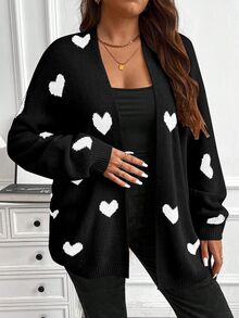Vionelle Plus Size Long Sleeve Cardigan With Heart Pattern, Minimalist Style, Casual Everyday Wear, For Winter Fall Cloth For Women Autumn - Black and White - View 4