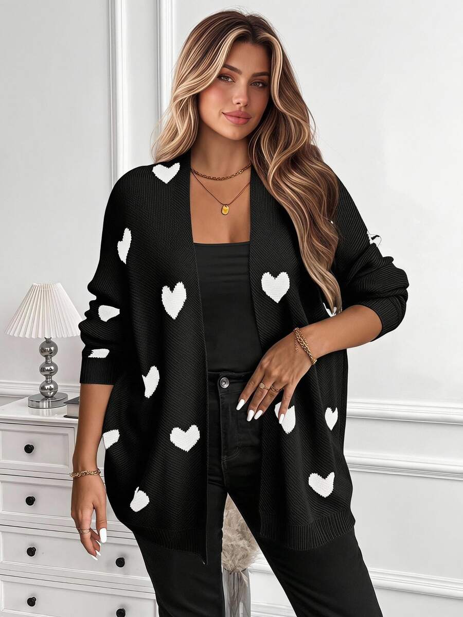 Vionelle Plus Size Long Sleeve Cardigan With Heart Pattern, Minimalist Style, Casual Everyday Wear, For Winter Fall Cloth For Women Autumn - Black and White - View 1