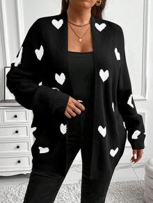 Vionelle Plus Size Long Sleeve Cardigan With Heart Pattern, Minimalist Style, Casual Everyday Wear, For Winter Fall Cloth For Women Autumn - Black and White - View 3