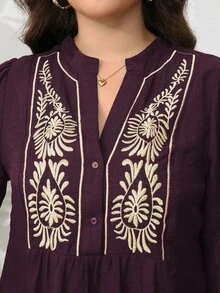 Vionelle Plus Size Fall Boho Elegant Casual Brunch Formal Party Solid Color Half-Placket Embroidery Lantern Sleeve Stand Collar Long Blouse Peplum Top - Red Violet - View 6