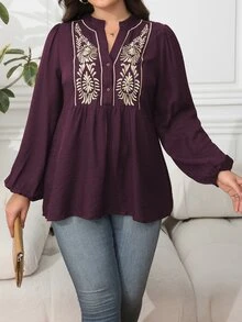 Vionelle Plus Size Fall Boho Elegant Casual Brunch Formal Party Solid Color Half-Placket Embroidery Lantern Sleeve Stand Collar Long Blouse Peplum Top - Red Violet - View 5