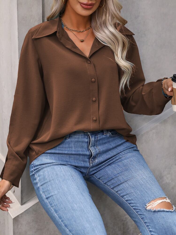 Vionelle Plus Size Plain Front Button Casual Elegant Shirt, Autumn Fall Cloth For Women Office Formal Brown - Brown - View 6