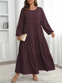 Vionelle Plus Size Women's Spring Summer Solid Round Neck Lantern Sleeve Ruffle Hem Loose Casual Dress Maxi Women Outfit Fall Brunch Morning - Red Violet - View 3