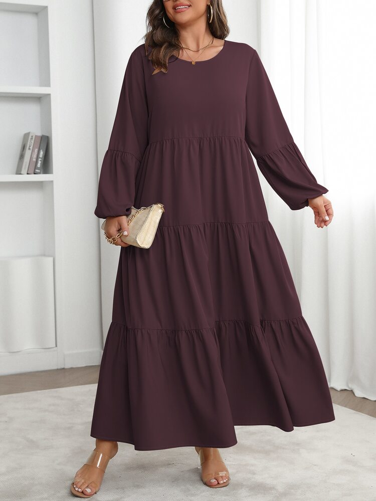 Vionelle Plus Size Women's Spring Summer Solid Round Neck Lantern Sleeve Ruffle Hem Loose Casual Dress Maxi Women Outfit Fall Brunch Morning - Red Violet - View 3