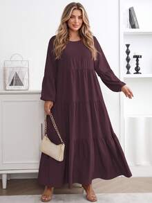 Vionelle Plus Size Women's Spring Summer Solid Round Neck Lantern Sleeve Ruffle Hem Loose Casual Dress Maxi Women Outfit Fall Brunch Morning - Red Violet - View 1