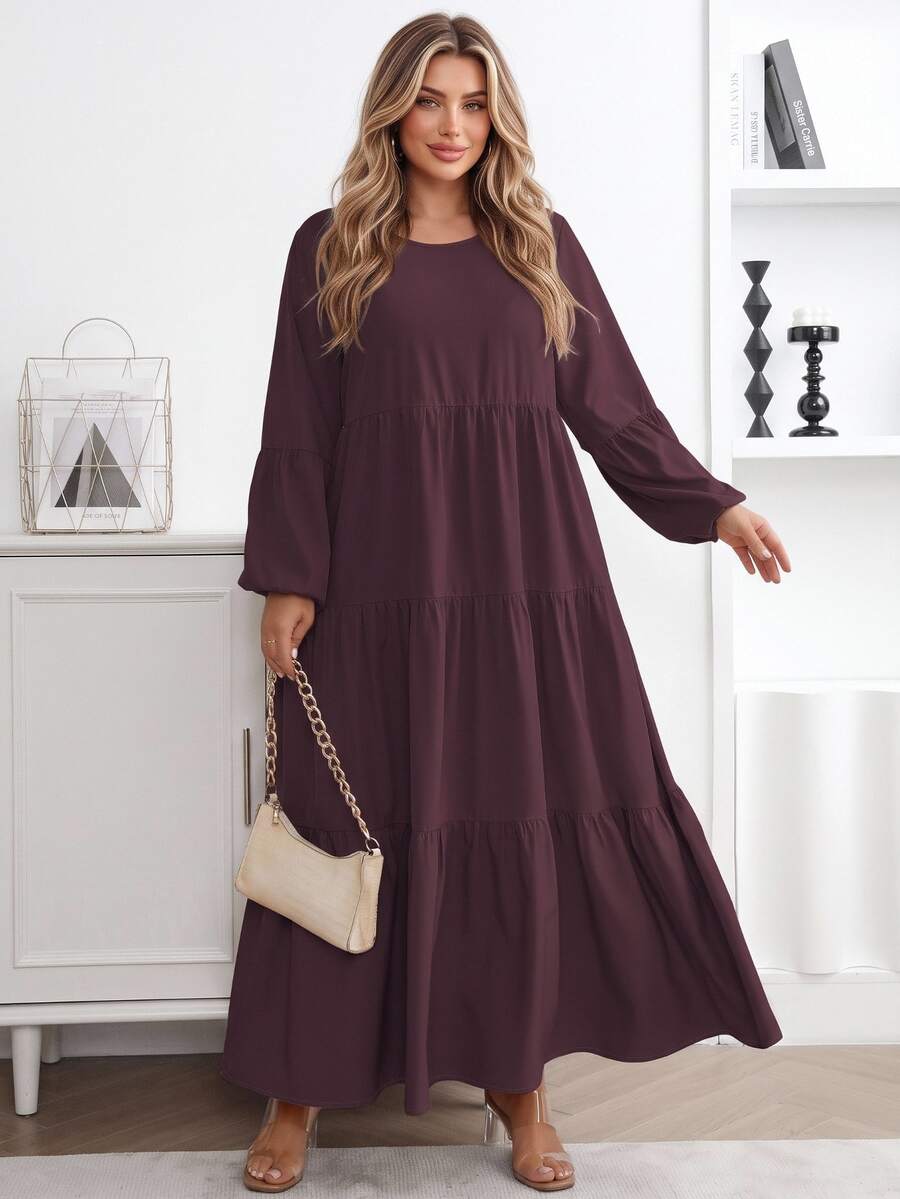 Vionelle Plus Size Women's Spring Summer Solid Round Neck Lantern Sleeve Ruffle Hem Loose Casual Dress Maxi Women Outfit Fall Brunch Morning - Red Violet - View 1