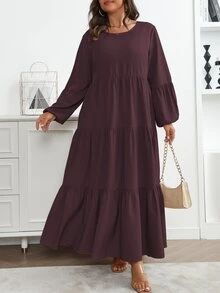Vionelle Plus Size Women's Spring Summer Solid Round Neck Lantern Sleeve Ruffle Hem Loose Casual Dress Maxi Women Outfit Fall Brunch Morning - Red Violet - View 7