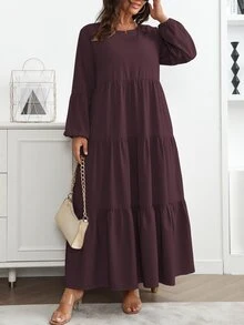 Vionelle Plus Size Women's Spring Summer Solid Round Neck Lantern Sleeve Ruffle Hem Loose Casual Dress Maxi Women Outfit Fall Brunch Morning - Red Violet - View 4