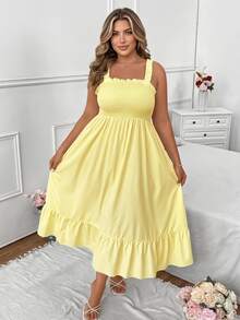 Vionelle Plus Size Summer Casual Solid Color Cami Dress Maxi Women Outfit - Pale Yellow - View 1