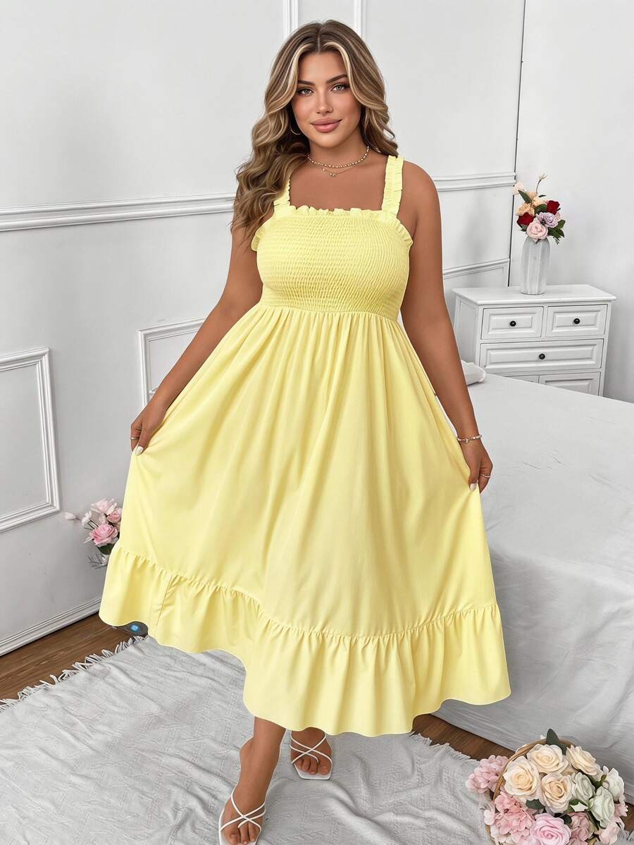 Vionelle Plus Size Summer Casual Solid Color Cami Dress Maxi Women Outfit - Pale Yellow - View 1