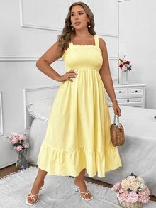 Vionelle Plus Size Summer Casual Solid Color Cami Dress Maxi Women Outfit - Pale Yellow - View 5