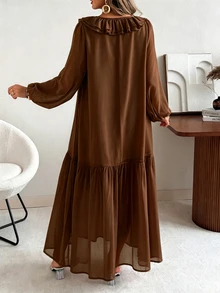 Vionelle Plus Size Women Spring Summer Bohemian Romantic Vintage Woven Chiffon Ruffle Lace Pleated Deep V-Neck Long Sleeve Loose Long Dress Fall Brown - Brown - View 2