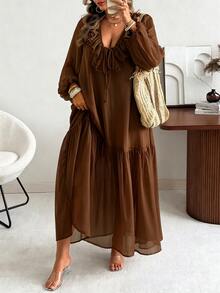Vionelle Plus Size Women Spring Summer Bohemian Romantic Vintage Woven Chiffon Ruffle Lace Pleated Deep V-Neck Long Sleeve Loose Long Dress Fall Brown - Brown - View 4