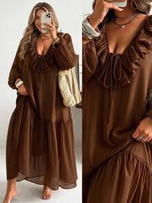 Vionelle Plus Size Women Spring Summer Bohemian Romantic Vintage Woven Chiffon Ruffle Lace Pleated Deep V-Neck Long Sleeve Loose Long Dress Fall Brown - Brown - View 1
