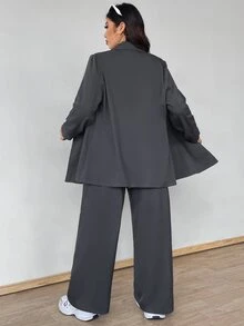 Vionelle Setelan Blazer dan Celana Panjang Kancing Ganda Warna Polos Ukuran Besar untuk Wisuda, Kembali ke Sekolah, Pakaian Guru untuk Wanita, Busana Musim Gugur untuk Wanita - Grey - View 2
