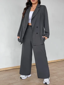 Vionelle Setelan Blazer dan Celana Panjang Kancing Ganda Warna Polos Ukuran Besar untuk Wisuda, Kembali ke Sekolah, Pakaian Guru untuk Wanita, Busana Musim Gugur untuk Wanita - Grey - View 5