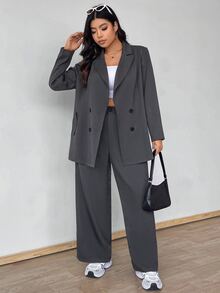 Vionelle Setelan Blazer dan Celana Panjang Kancing Ganda Warna Polos Ukuran Besar untuk Wisuda, Kembali ke Sekolah, Pakaian Guru untuk Wanita, Busana Musim Gugur untuk Wanita - Grey - View 6