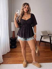Vionelle Plus Size Spring Summer Casual Versatile Small Ditsy Floral Waist Flared Ruffle Sleeve Elegant Blouse Vacation Black Vacation Formal - Black - View 1