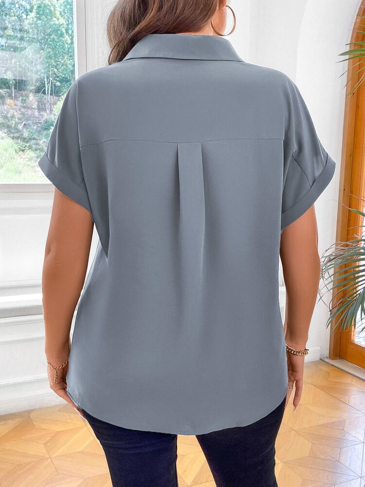 Vionelle Plus Size Women Casual Dusty Blue Button-Up Short Sleeve Blouse Office Summer - Grey - View 2