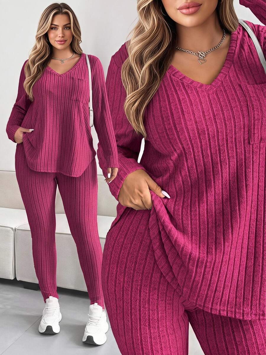 Vionelle Plus Size Solid Color Textured V-Neck Top And Pants Set Fall - Hot Pink - View 1