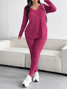 Vionelle Plus Size Solid Color Textured V-Neck Top And Pants Set Fall - Hot Pink - View 8