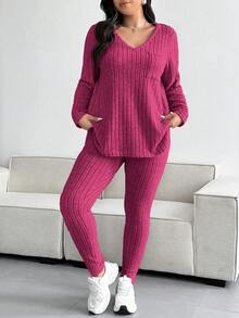 Vionelle Plus Size Solid Color Textured V-Neck Top And Pants Set Fall - Hot Pink - View 4