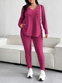 Vionelle Plus Size Solid Color Textured V-Neck Top And Pants Set Fall - Hot Pink - View 7