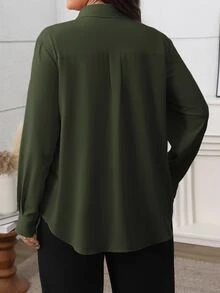Vionelle 大码女式纯色优雅法式通勤衬衫，衬衫领，前开襟，蝴蝶结装饰，长袖衬衫 - 軍綠色 - 查看 2