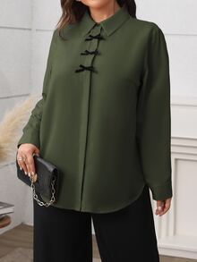 Vionelle 大码女式纯色优雅法式通勤衬衫，衬衫领，前开襟，蝴蝶结装饰，长袖衬衫 - 軍綠色 - 查看 4