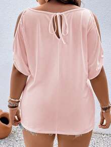 Vionelle Plus Size Women Solid Color Cold Shoulder Short Sleeve Casual Matching Form T-Shirt Vacation Pink Summer - Baby Pink - View 2