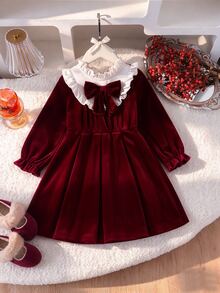 Little Girls Sweet Wine Red Velour Dress Ruffled Peter Pan Collar Big Bow Long Sleeve Fall Winter Outfit - Red - View 5