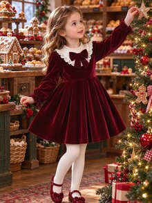 Little Girls Sweet Wine Red Velour Dress Ruffled Peter Pan Collar Big Bow Long Sleeve Fall Winter Outfit - Red - View 1