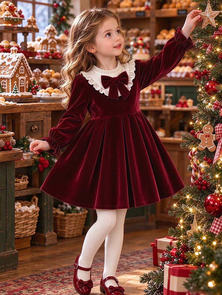 Little Girls Sweet Wine Red Velour Dress Ruffled Peter Pan Collar Big Bow Long Sleeve Fall Winter Outfit - Red - View 1