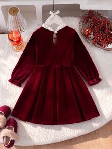 Little Girls Sweet Wine Red Velour Dress Ruffled Peter Pan Collar Big Bow Long Sleeve Fall Winter Outfit - Red - View 2
