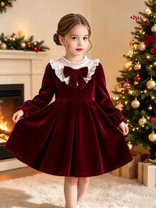 Little Girls Sweet Wine Red Velour Dress Ruffled Peter Pan Collar Big Bow Long Sleeve Fall Winter Outfit - Red - View 4