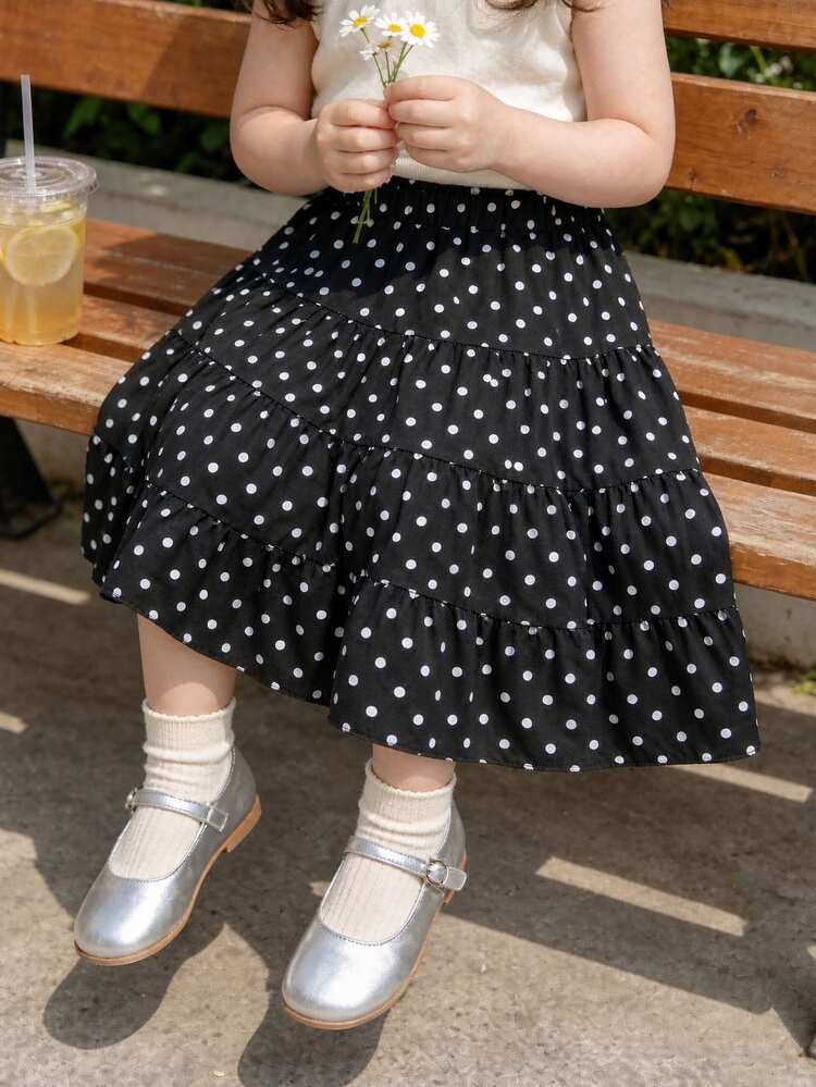 SHEIN Genkimix Kids Girls Korean Style Minimalist Fairy Princess Flower Girl Polka Dot Print Full Skirt Summer Casual Wear Autumn Fall Wedding Gift Birthday Black - Black - View 3