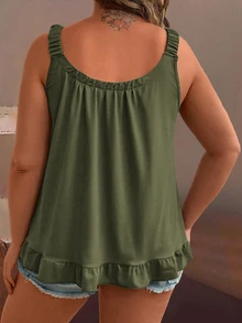 Ceyna Plus Size Solid Color Fold Pleated Camisole Top Travel Vacation Olive Green Summer Boho Baggy Casual Wedding Guest - Army Green - View 3