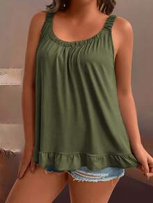 Ceyna Plus Size Solid Color Fold Pleated Camisole Top Travel Vacation Olive Green Summer Boho Baggy Casual Wedding Guest - Army Green - View 6